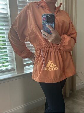 Adidas Orange Windbreaker Jacket Cinch Waist Hooded Lightweight Women’s